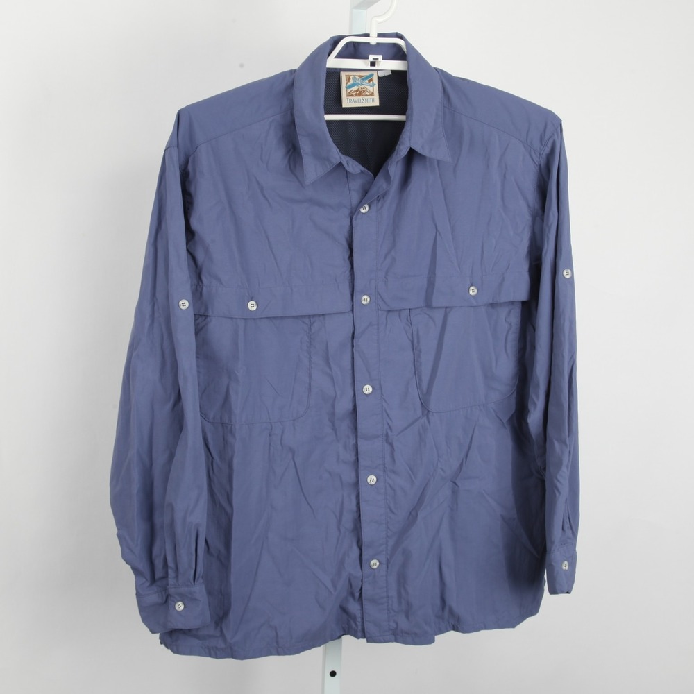 TravelSmith Men's L Blue Nylon Vented Roll-Up Sleeve Outdoor Fishing Shirt - Picture 2 of 10